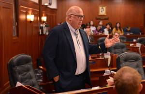 Rep. Kevin McCabe, R-Big Lake, speaks March 20, 2023, on the floor of the Alaska House. (Photo by James Brooks/Alaska Beacon)