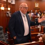 Rep. Kevin McCabe, R-Big Lake, speaks March 20, 2023, on the floor of the Alaska House. (Photo by James Brooks/Alaska Beacon)
