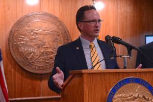 Rep. Ben Carpenter, R-Nikiski, speaks Thursday, April 27, 2023, at a news conference in Juneau. (James Brooks/Alaska Beacon)