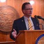 Rep. Ben Carpenter, R-Nikiski, speaks Thursday, April 27, 2023, at a news conference in Juneau. (James Brooks/Alaska Beacon)