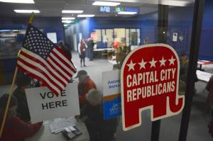 Voters line up on Tuesday during Alaskas Republican Presidential Preference Poll. (James Brooks/Alaska Beacon)