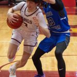 Thunder Mountain High School senior Kasen Ludeman (13) defends Ketchikan High School junior Jonathan Scoblic (3) during the Falcons 66-63 win over the Kings at the Alaska Airlines Region V 4A Basketball Tournament at Mt. Edgecumbe High Schools B.J. McGillis Gymnasium in Sitka on Wednesday. (Photo courtesy James Poulson/Daily Sitka Sentinel)