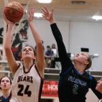 Juneau-Douglas High School: Yadaa.at Kalé senior Mila Hargrave (24) shoots under pressure from Thunder Mountain High School senior Ashlyn Gates (2) during a Feb. 3 game at JDHS. (Klas Stolpe/Juneau Empire file photo)