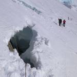 Peter Haeussler emerged from this hole in the Kahiltna Glacier after falling into a crevasse during a rock-gathering mission in 2014. (Photo by Peter Haeussler)