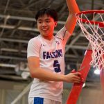 Thunder Mountain senior TJ Guevarra (5) cuts the net after the Falcons defeated the Juneau-Douglas High School: Yadaa.at Kalé Crimson Bears 63-58 in the championship game of the Alaska Airlines Region V 4A Basketball Tournament on Friday at Mt. Edgecumbe High Schools B.J. McGillis Gymnasium in Sitka. (James Poulson/Daily Sitka Sentinel)