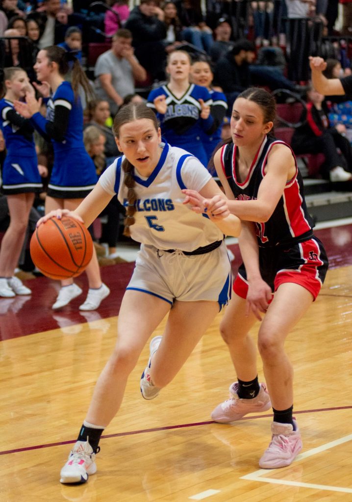 Thunder Mountain senior Jenna Dobson (5) dribbles past Juneau-Douglas High School: Yadaa.at Kalé junior Nadia Wilson during the Falcons 56-49 win over the Crimson Bears in the championship game of the Alaska Airlines Region V 4A Basketball Tournament on Friday at Mt. Edgecumbe High Schools B.J. McGillis Gymnasium in Sitka. (James Poulson/Daily Sitka Sentinel)