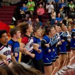 The Thunder Mountain and Juneau-Douglas High School: Yadaa.at Kalé basketball cheer teams join together during the championship game of the Alaska Airlines Region V 4A Basketball Tournament on Friday at Mt. Edgecumbe High Schools B.J. McGillis Gymnasium in Sitka. (James Poulson/Daily Sitka Sentinel)