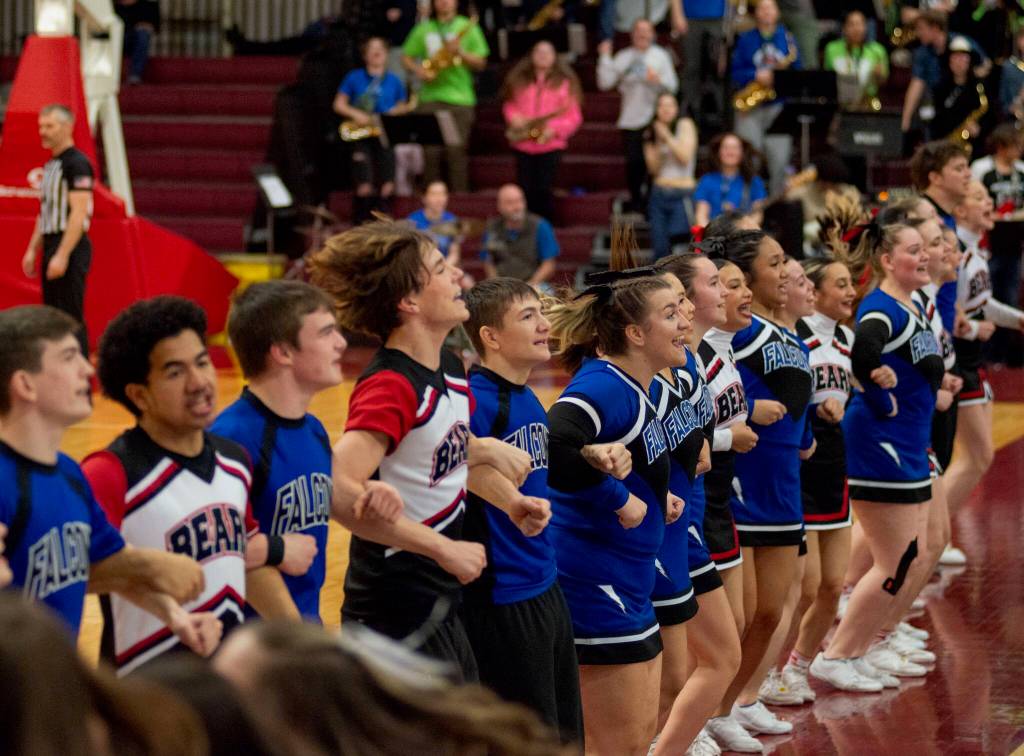 The Thunder Mountain and Juneau-Douglas High School: Yadaa.at Kalé basketball cheer teams join together during the championship game of the Alaska Airlines Region V 4A Basketball Tournament on Friday at Mt. Edgecumbe High Schools B.J. McGillis Gymnasium in Sitka. (James Poulson/Daily Sitka Sentinel)