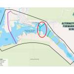 A map shows possible routes for a second Juneau-Douglas crossing, with the Sunny Point East route circled as the highest-scoring option in a report presented to city leaders on Monday. (Map by DOWL)