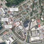 An overhead image shows possible locations to relocate offices for Juneaus municipal employees along with some available parking lots. (City and Borough of Juneau image)