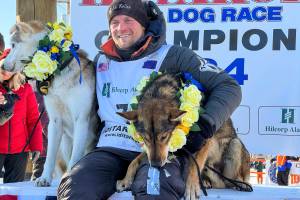 Dallas Seavey sits with his lead dogs Sebastian, left, and Aero after his sixth Iditarod Trail Sled Dog Race win on Tuesday in Nome. (Anne Raup/Anchorage Daily News via AP)