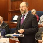 State Sen. Jesse Kiehl, a Juneau Democrat, argues in favor of rejecting an executive order by Gov. Mike Dunleavy dissolving the Alaska Chilkat Bald Eagle Preserve Advisory Council during a joint session of the Alaska Legislature on Tuesday. (Mark Sabbatini / Juneau Empire)
