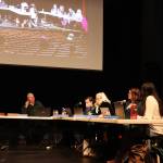 The Juneau Board of Education debates a school district consolidation plan after midnight Wednesday, near the end of an eight-hour meeting at the Juneau-Douglas High School: Yadaa.at Kalé auditorium. (Mark Sabbatini / Juneau Empire)