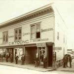 The original C.W. Young store in the 1890s. The building was modified numerous times and the name changed as different owners took over the hardware business. Until its demise by fire in 2004, the building stood at the corner of Seward and Front Streets. Elegantly painted signage was typical of early businesses. (ASL-P297-082)