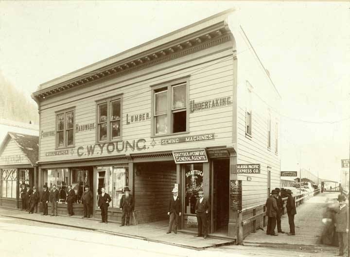 The original C.W. Young store in the 1890s. The building was modified numerous times and the name changed as different owners took over the hardware business. Until its demise by fire in 2004, the building stood at the corner of Seward and Front Streets. Elegantly painted signage was typical of early businesses. (ASL-P297-082)