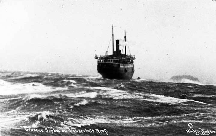 The Princess Sophia is stranded on Vanderbilt Reef in October of 1918 during a blizzard. Cradled upright, it sat for 40 hours before spinning off the reef in the storm and sinking, drowning all 353 passengers and crew. (ASL-P109-50)