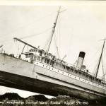 In 1910 the Princess May ran aground near Sentinel Island despite its lighthouse. All aboard survived, as did the ship. (UAA-HMC-0428)