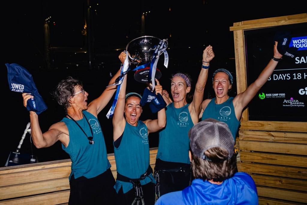 From left, Isabelle Côté, Lauren Shea, Chantale Bégin and Noelle Helder celebrate crossing the Atlantic Ocean in 38 days in Antigua on Jan. 20, 2024. (Photo courtesy Noelle Helder)