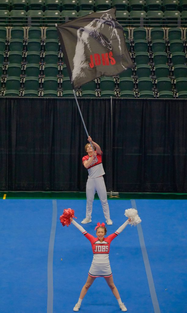 The Juneau-Douglas High School: Yadaa.at Kalé Crimson Bears cheer team at the 2024 ASAA/First National Bank Alaska Cheer State Championships at the Alaska Airlines Center in Anchorage. (Klas Stolpe, For the Juneau Empire)