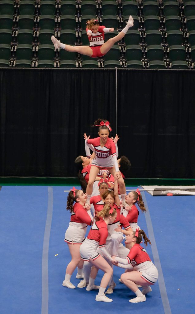 The Juneau-Douglas High School: Yadaa.at Kalé Crimson Bears cheer team at the 2024 ASAA/First National Bank Alaska Cheer State Championships at the Alaska Airlines Center in Anchorage. (Klas Stolpe, For the Juneau Empire)