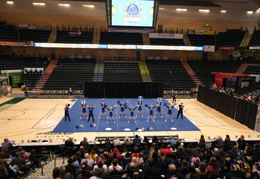 The Thunder Mountain High School cheer team at the 2024 ASAA/First National Bank Alaska Cheer State Championships at the Alaska Airlines Center in Anchorage. (Klas Stolpe, For the Juneau Empire)