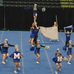 The Thunder Mountain High School cheer team at the 2024 ASAA/First National Bank Alaska Cheer State Championships at the Alaska Airlines Center in Anchorage. (Klas Stolpe, For the Juneau Empire)
