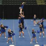 The Thunder Mountain High School cheer team at the 2024 ASAA/First National Bank Alaska Cheer State Championships at the Alaska Airlines Center in Anchorage. (Klas Stolpe, For the Juneau Empire)