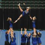 The Thunder Mountain High School cheer team at the 2024 ASAA/First National Bank Alaska Cheer State Championships at the Alaska Airlines Center in Anchorage. (Klas Stolpe, For the Juneau Empire)