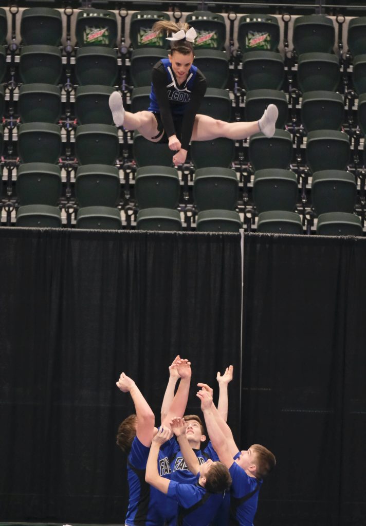 The Thunder Mountain High School cheer team at the 2024 ASAA/First National Bank Alaska Cheer State Championships at the Alaska Airlines Center in Anchorage. (Klas Stolpe, For the Juneau Empire)