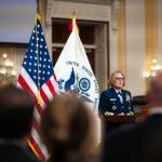 Adm. Linda Fagan, commandant of the U.S. Coast Guard, speaks to guests during the 2024 State of the Coast Guard Address in Washington, D.C., on Wednesday. (U.S. Coast Guard photo)