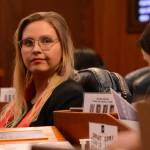 Rep. Ashley Carrick, D-Fairbanks, listens to debate in the Alaska House of Representatives on Thursday. (James Brooks/Alaska Beacon)