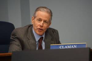 Sen. Matt Claman, D-Anchorage, speaks at a Tuesday news conference held by the Senate majority caucus. Claman has proposed a constitutional amendment to lower the threshold needed to override a veto by a governor of a spending bill. (Yereth Rosen/Alaska Beacon)