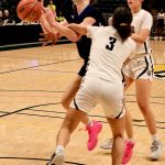 Thunder Mountain High School senior Cailynn Baxter takes hard defense from Mountain City senior Morgan Maldonado during the Falcons 52-37 loss to the Lions in the 3rd/5th-place game of the 2024 ASAA March Madness Alaska 4A Girls Basketball State Championships on Saturday at Anchorages Alaska Airlines Center.(Klas Stolpe / For the Juneau Empire)