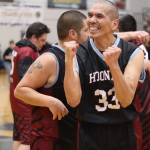 Hoonahs Lowe White Sr. celebrates winning the Masters Division championship at the 75th Gold Medal Basketball Tournament on Saturday at Juneau-Douglas High School: Yadaa.at Kalé. (Mark Sabbatini / Juneau Empire)
