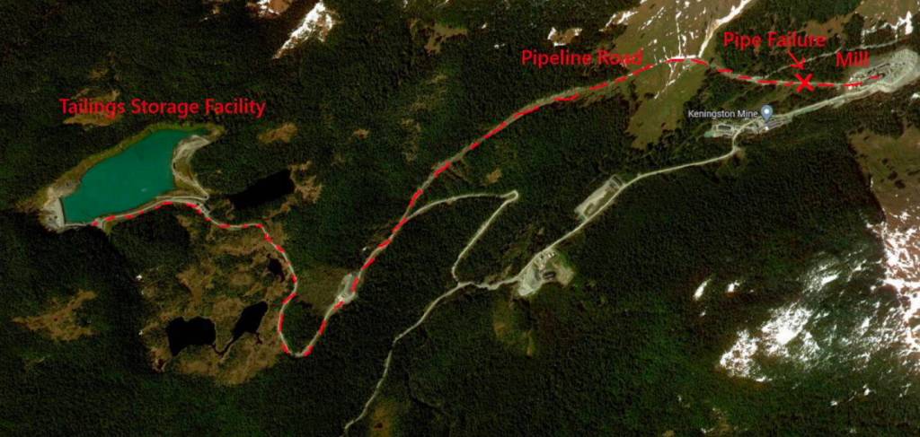 An overhead image shows where a tailings slurry spill occurred at the Kensington Mine on Jan. 31. (Image from report by Coeur Alaska)