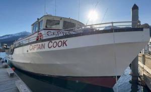 The Captain Cook, one of two tour boats formerly operated by Adventure Bound Alaska, in Aurora Harbor prior to a scheduled sealed-bid auction for vessels that has been extended until April 10. (City and Borough of Juneau)