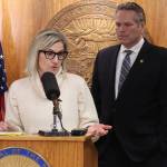 Alaska Department of Education and Early Development Commissioner Deena Bishop and Gov. Mike Dunleavy discuss his veto of an education bill during a press conference March 15 at the Alaska State Capitol. (Mark Sabbatini / Juneau Empire file photo)