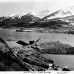 Looking over the distribution patterns of waste rock that created the rock dump in the early 1930s. The photo was taken from the A-J mill building with Douglas Island in the distance. (ASL-01-2036)