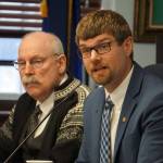 Sen. Jesse Bjorkman, R-Nikiski, speaks during a March 19 news conference. Next to him is Sen. Bert Stedman, R-Sitka, a co-chair of the Senate Finance Committee. (Yereth Rosen/Alaska Beacon)