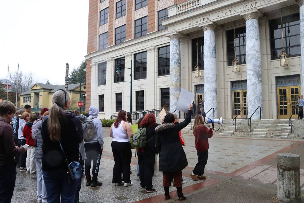 Students from Juneau-Douglas High School: Yadaa.at Kalé gather outside the Alaska State Capitol during a statewide protest Thursday morning calling for more public school funding. (Mark Sabbatini / Juneau Empire)