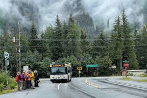 Tourists wait at a Capital Transit bus stop about 1.5 miles from the Mendenhall Glacier Visitor Center on July 19, 2023. Large numbers of cruise ship visitors taking city buses to get near the glacier last year meant there often wasnt space for local residents going to other locations. (Photo by Laurie Craig)