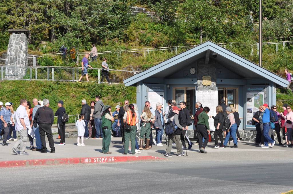 A crowd of visitors explores the Mendenhall Glacier Visitor Center on Aug. 21, 2023. (Photo by Laurie Craig)