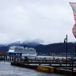 The 1,094-foot-long Norwegian Bliss docks in Juneau early Tuesday morning to begin this years cruise ship season. (Mark Sabbatini / Juneau Empire)