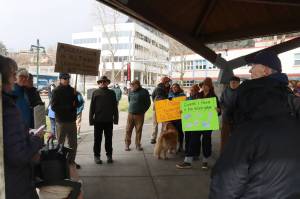 About 20 people gather in Marine Park at midday Tuesday for a rally calling for a ban on large cruise ships on Saturdays in Juneau. Some of the participants are members of a committee planning to gather signatures for a petition to put the question on the ballot for local voters. (Mark Sabbatini / Juneau Empire)