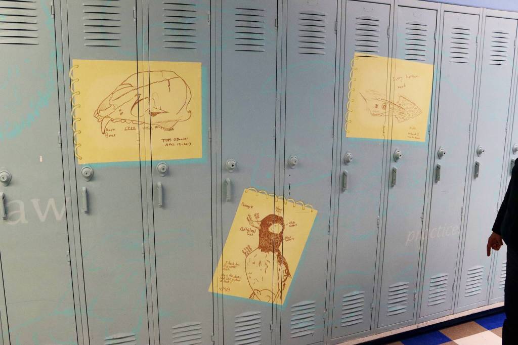 Some of the student art seen on lockers throughout the Marie Drake Building on Thursday, April 4. (Mark Sabbatini / Juneau Empire)