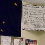 A sign inside Floyd Dryden Middle School offers listening guidance for possible future leaders  and perhaps current ones touring the building on Tuesday, April 2, as they evaluate proposed sites for a new City Hall. (Mark Sabbatini / Juneau Empire)
