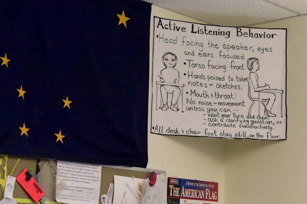A sign inside Floyd Dryden Middle School offers listening guidance for possible future leaders  and perhaps current ones touring the building on Tuesday, April 2, as they evaluate proposed sites for a new City Hall. (Mark Sabbatini / Juneau Empire)