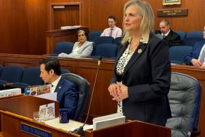 Rep. DeLena Johnson, R-Palmer and co-chair of the House Finance Committee, speaks Thursday on the House floor about the states operating budget. (James Brooks/Alaska Beacon)