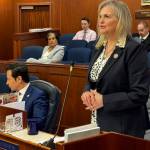 Rep. DeLena Johnson, R-Palmer and co-chair of the House Finance Committee, speaks Thursday on the House floor about the states operating budget. (James Brooks/Alaska Beacon)