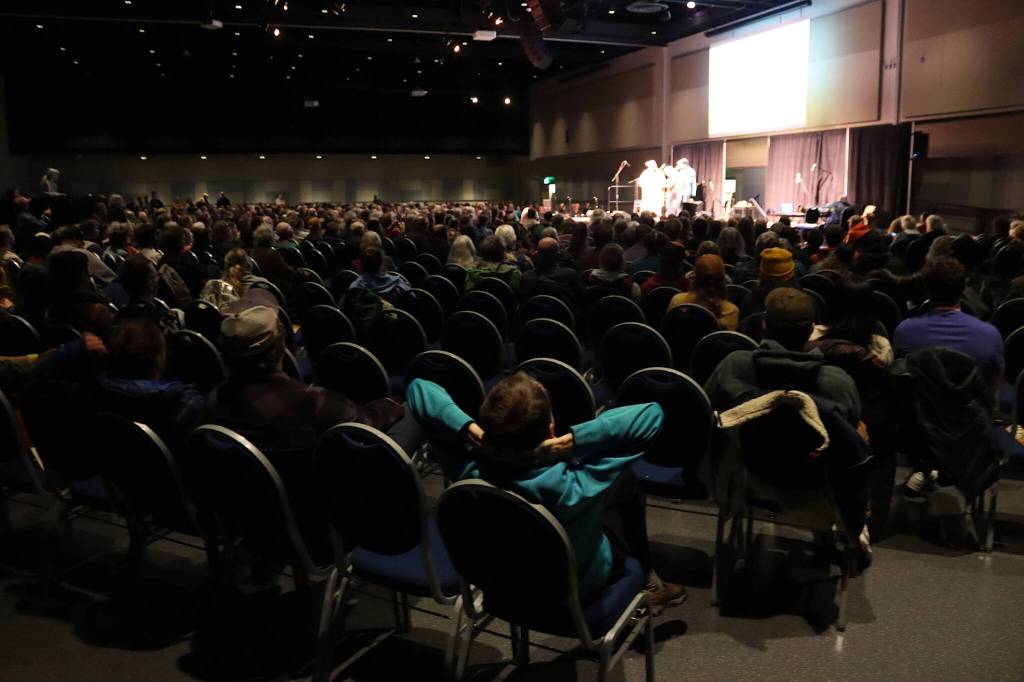 A near-capacity crowd fills the main ballroom at Centennial Hall during the final night of the Alaska Folk Festival on Sunday. (Mark Sabbatini / Juneau Empire)